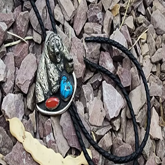 Southwest Native American Style Nickel Silver Bear Real Turquoise Coral Bolo Tie