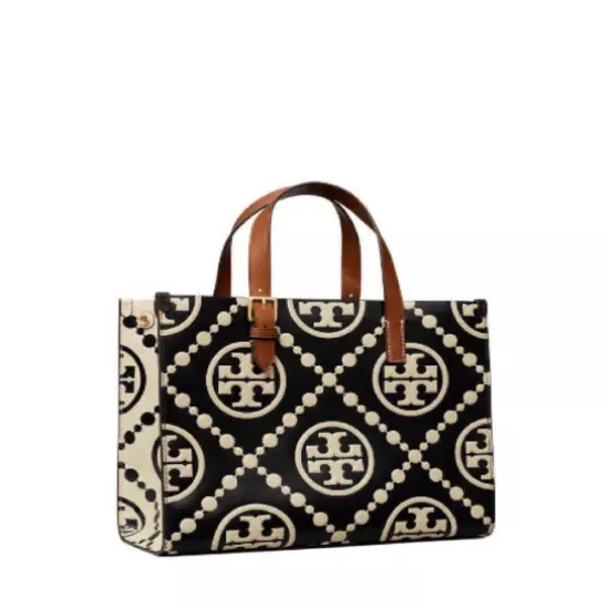 Tory Burch T Monogram Contrast Embossed Small Tote Black Cream New 150310