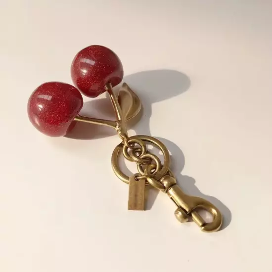 1 Kit Cherry Bag Charm KeyChain Glitter resin and metal Brass Red Apple