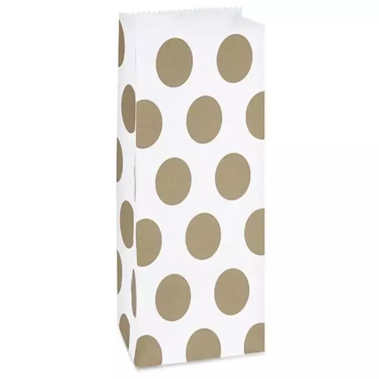 GOLD POLKA DOTS Print Gift Paper Sack 4 lb Bag 5"x3"x9.5"(PACK OF 10) CLOSEOUT