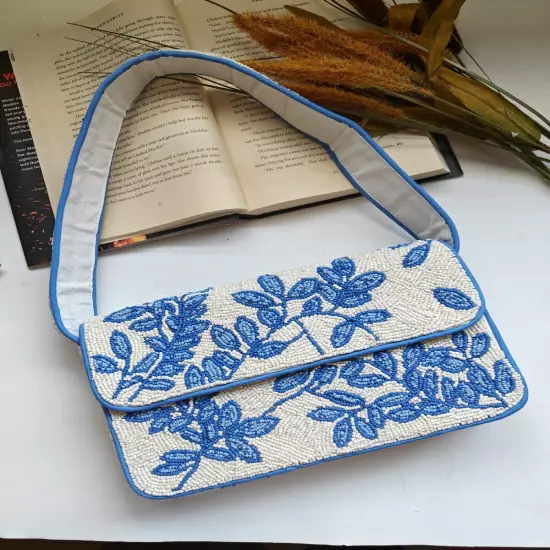 Handmade Blue White Floral Beaded Shoulder Bag