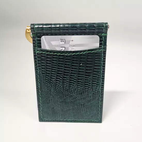 Green Genuine Lizard Nickel-Plated Clip Card Case Wallet MADE IN THE USA G