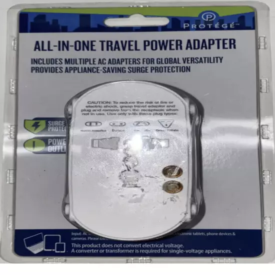 NEW Protege All In One Travel Power Adapter w/ Surge Protection New E21