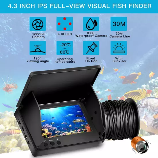 4.3" HD 195° Wide Angle Infrared Night Vision 1000TVL Underwater Fishing Camera