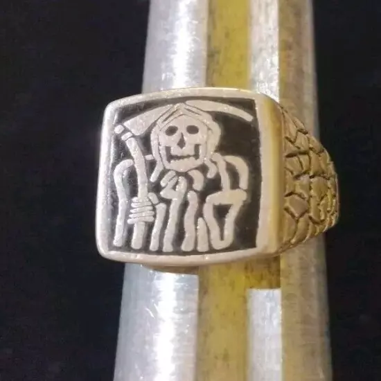 Vintage Biker Ring 1985 G&S Grim Reaper Silver Tone Size 9 Rare Black 80's