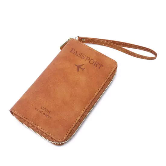 RFID Leather Travel Passport Case Cover Zipper Wallet Card Holder with Wristband