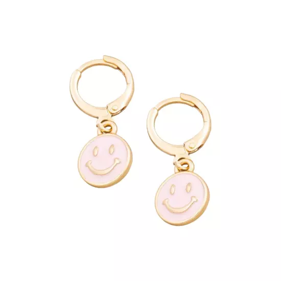 Mini Smiley Face Pink Gold Dangling Pierced Earrings 