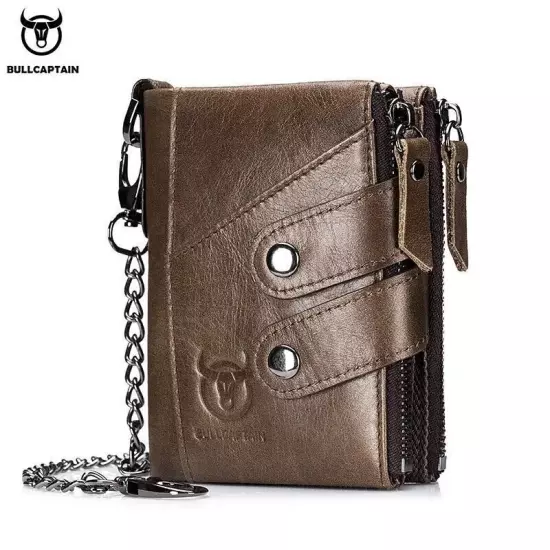 BULLCAPTAIN Men RFID Blocking Leather Card Holder Zipper Wallet Anti-theft Chain