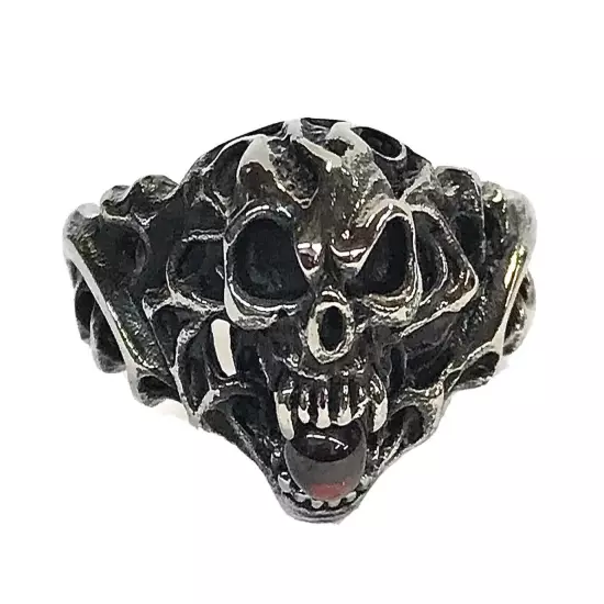 Stainless Steel Men’s Biker Style Ring Size 13 Skull & Red Stone 8+ Grams