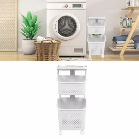 2 Layers Rolling Laundry Hamper PP ABS Laundry Shelf Clothes Storage Basket