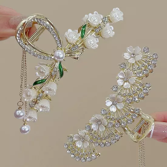 Large Rhinestone Hair Claw Pearl Flower Tassels Fan-shaped Metal Ponytail Clip