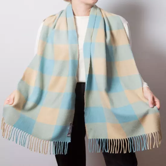 MAX MARA Lambswool Scarf Long Plaid Beige and Light Blue Winter Scarf Soft Scarf