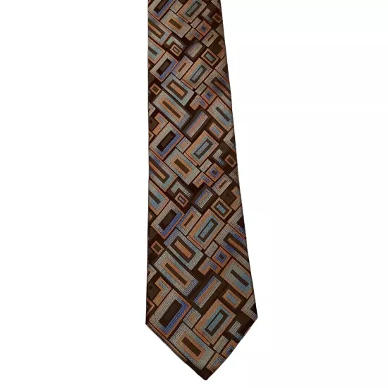 THE BIG KNOT Steven Land Men's Silk XL Necktie Designer Geometric Brown/Blue GUC