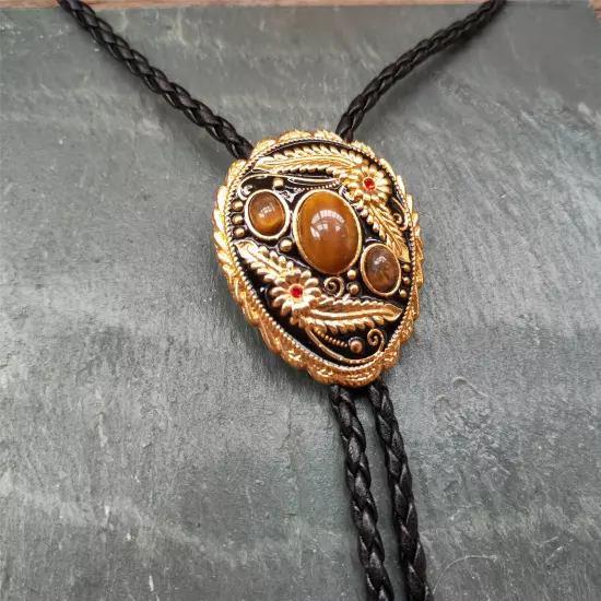 3 Tigers Eye Stone Men Bolo Tie Wedding Necklace Western Cowboy Necktie