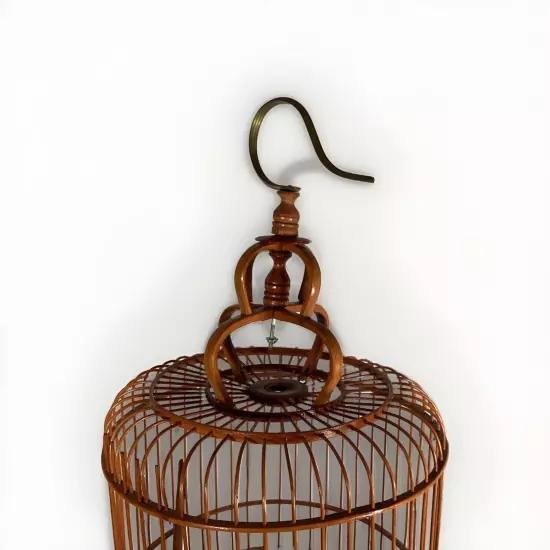 Vintage Bamboo & Teak Bird Cage 17" Curved Asian Chinoiserie Double Loop