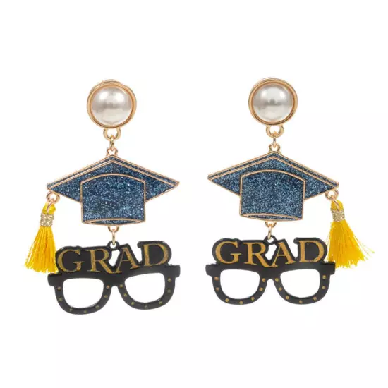 Gold Enamel Tassel Grad Hat Glasses Pearl Dangle Earrings