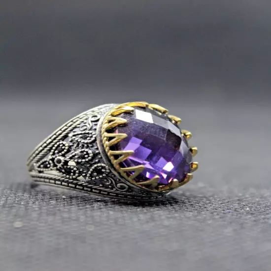 Purple Turkish 925 Sterling Silver Jewelry Faceted Emerald Men's Luxury Ring