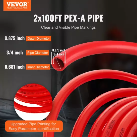 VEVOR 3/4” 2x100ft Blue& Red PEX-A Tubing/Pipe for Potable Water with Cutter