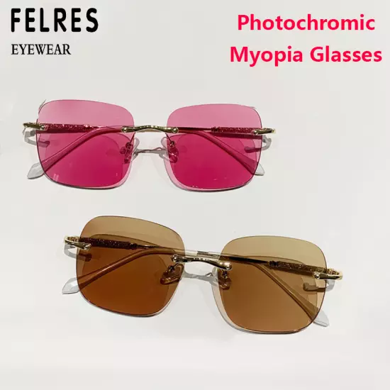 Metal Rimless Photochromic Myopia Nearsighted Glasses Women Outdoor Sunglasses 