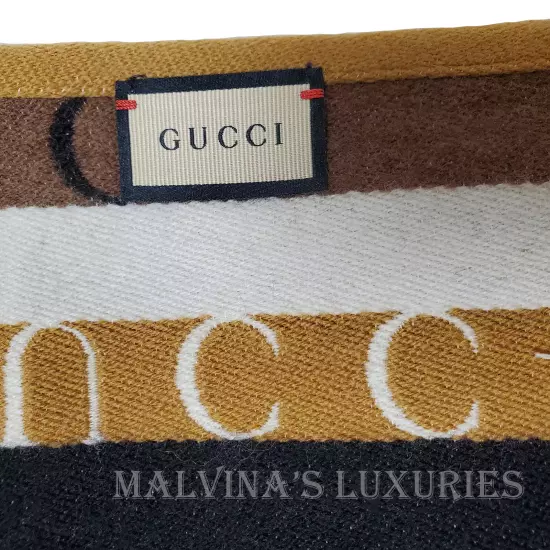 GUCCI SCARF 634166 LOGO STRIPED WOOL COTTON w FRINGE UNISEX 14.5" x 71"