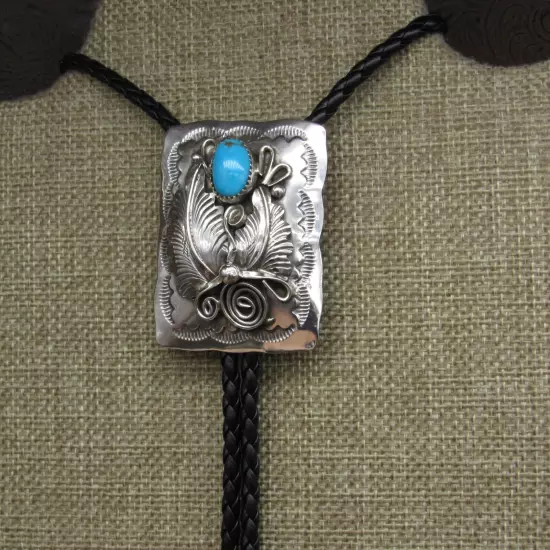 Navajo Sterling Silver Turquoise & Floral Design Work Bolo Tie By Mike Thomas Jr