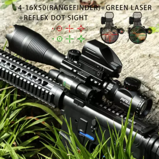 Pinty 3 IN 1 4-16x50 Rangefinder Rifle Scope W/ Reflex Dot Sight Green Laser