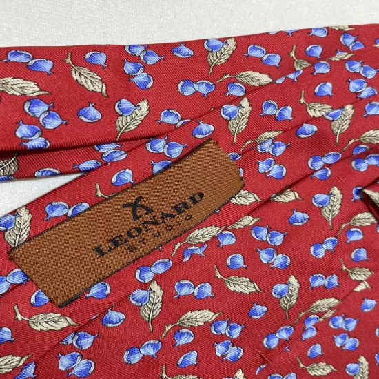 LEONARD PARIS all Red Silk With Leafy Pattern M.in.Italy Men’s Necktie PEC