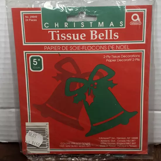 Vintage Christmas Bells Tissue & Foil Decorations 3 Packs NOS Amscan Bell Party