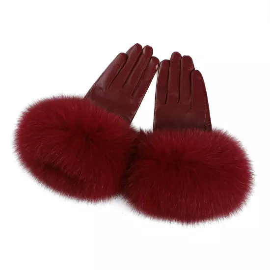 Women Genuine Lambskin Leather Gloves With Real Fox Fur Trim Cuff Winter Warm