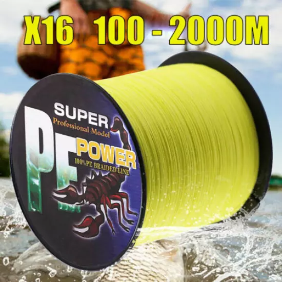 16 Strand 100m-2000m Yellow Hollow PE Dyneema Braided Fishing Line 9.1kg-136kg