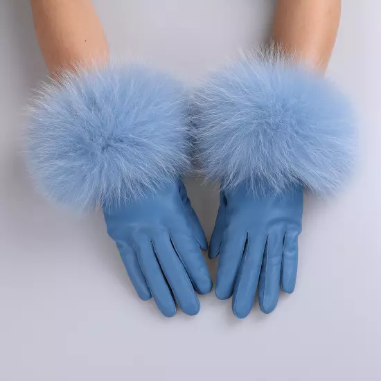 Women Genuine Lambskin Leather Gloves With Real Fox Fur Trim Cuff Winter Warm