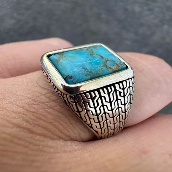 Blue Turquoise Mens Real Solid 925 Silver Navajo Native American Inspired Ring