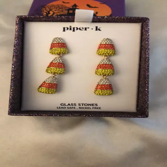 Piper K Gold Tone Triple Candy Corn Drop Earrings Glass Crystal Accents NIB