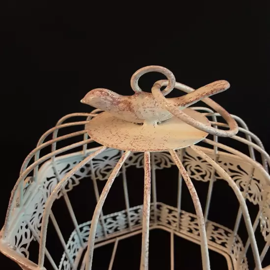 Vintage Look Metal Bird Cage Intricate Cut-Outs Bird On Top Opens At Top