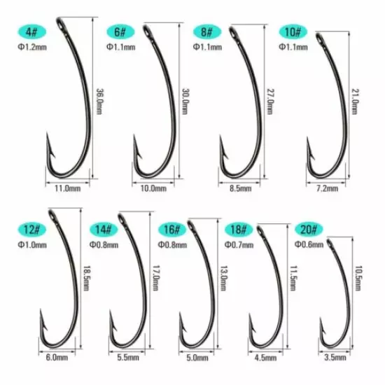 500PCS Nymphs Dry Fly Tying Hook Curved York Bend Straight Eye 3X Long Shank