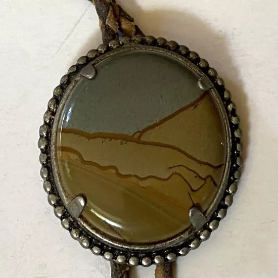 OLD Vintage JASPER DESERT SCENE BOLO TIE Western PENDANT NECKLACE