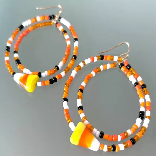 2 3/4" Halloween Orange Black Candy Corn Beaded Double Circles Dangle Earrings