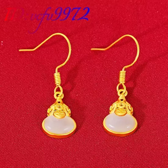 Natural Jade Gourd Earrings Real Jewelry Carved Gemstone Luxury 18K Gold Plated