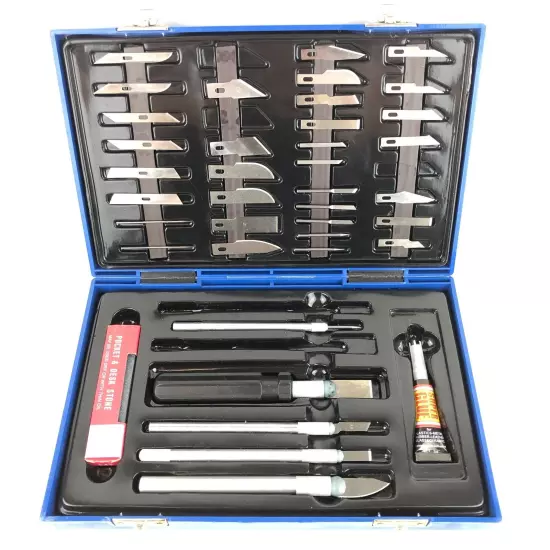 Precision Hobby Knife Set Kit in Box - Knives, Blades, Handles, Stone & Glue