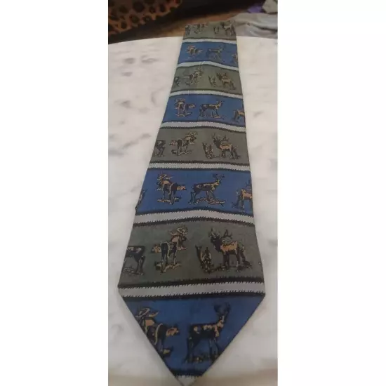 Roper Mens Tie Elk/Deer Theme Green Brown Blue 100% Silk