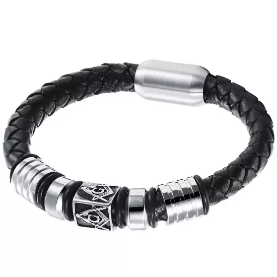 Men's Braided Leather Free-Mason Masonic Bead Magnetic Bracelet Cuff Bangle