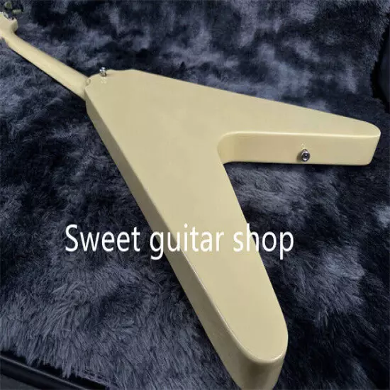 Yellow Flying V Electric Guitar Fixed Bridge Solid Body White Pickguard 6-string