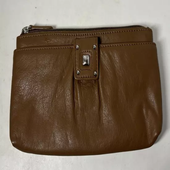 Stone Mountain Caramel LEATHER Clutch Wallet Zip Top Front Snap Slot