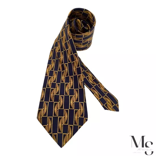 LANVIN PARIS Navy Blue & Gold Geometric Luxury Silk Tie Made In France W:4" NWT