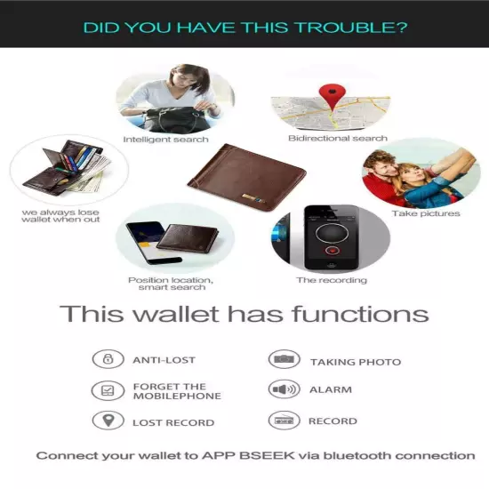 Living Wallet RFID Genuine Leather With Alarm GPS MAP Bluetooth Alarm Mens Purse