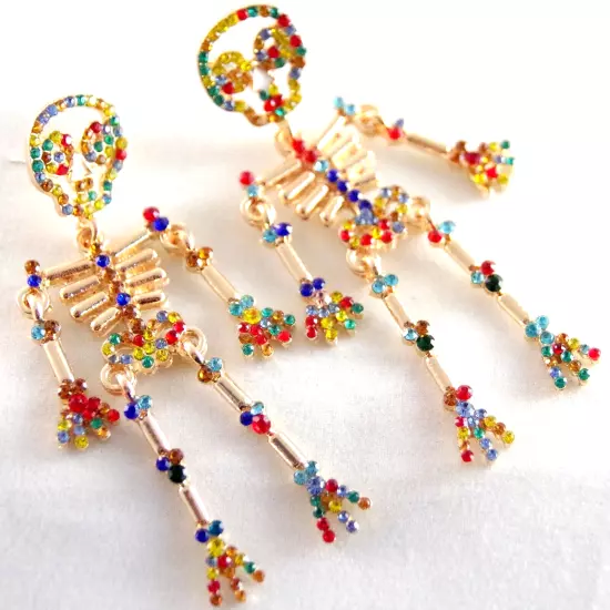 NEW BETSEY JOHNSON MULTICOLOR RHINESTONE SKELETON HALLOWEEN DROP DANGLE EARRINGS