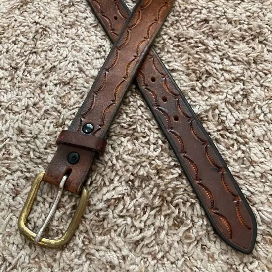 Chacon Leather Belt Adult 36 Brown Tooled Solid Brass Buckle Western Cowboy