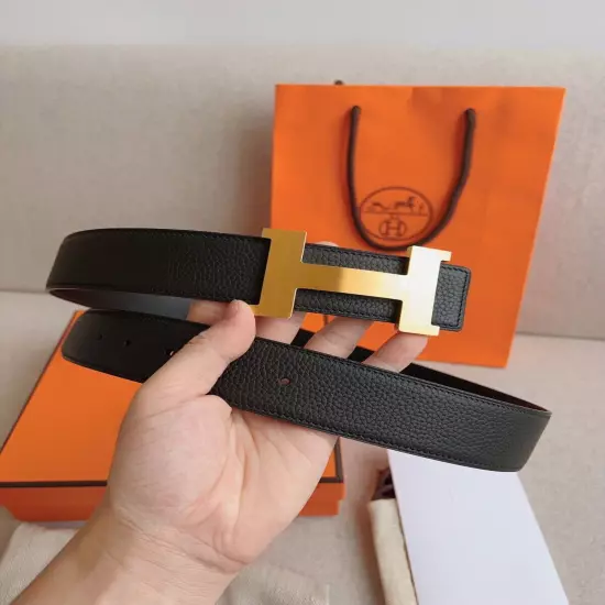 Hermès New Double-sided Men's Leather Belt Black gold buckle 38/95