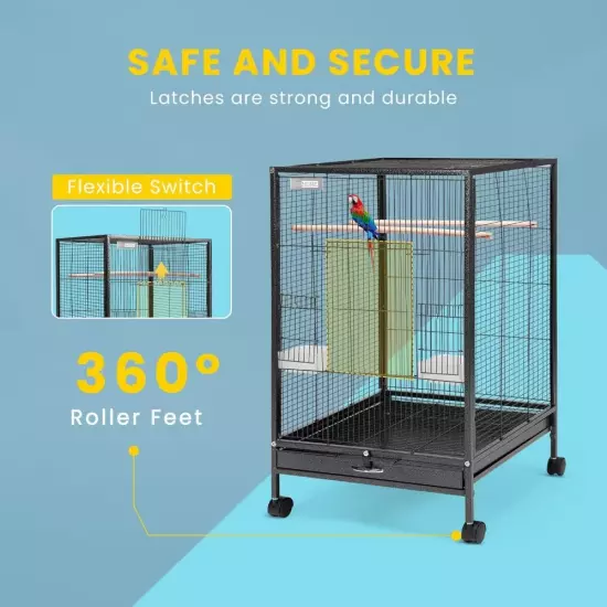 30 Inch Height Wrought Iron Bird Cage with Rolling Stand for Conures Lovebirds