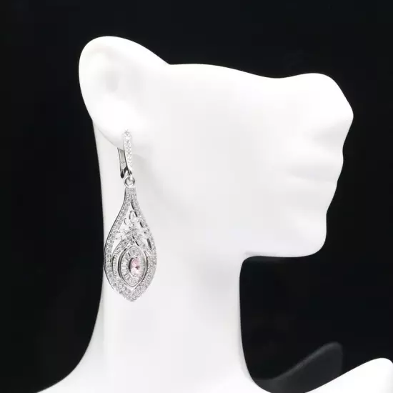 Romantic Pink Morganite White CZ Jewelry For Woman's Silver Earrings 